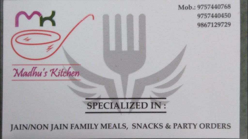 Madhu Kitchen's delivery card, specialising in Jain and non-Jain family meals, snacks and party orders